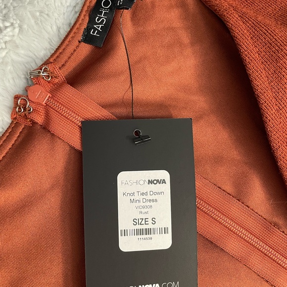 Slit Sweater V-Cut Knot Tied Down Mini Dress in rust. - Picture 4 of 4